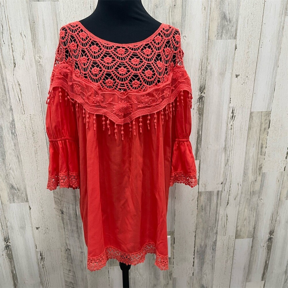Urban Mangoz Tunic Womens L Coral Boho Floral Bell Sleeve Fringe Hem sku611